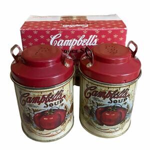 Vintager Campbell's Soup Collectible Tin Salt Pepper Shakers Red Cream With Box